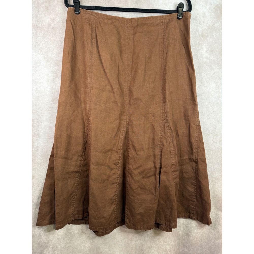 Kim Rogers Signature Skirt Women 14 Brown 100% Linen Paneled A-Line Midi